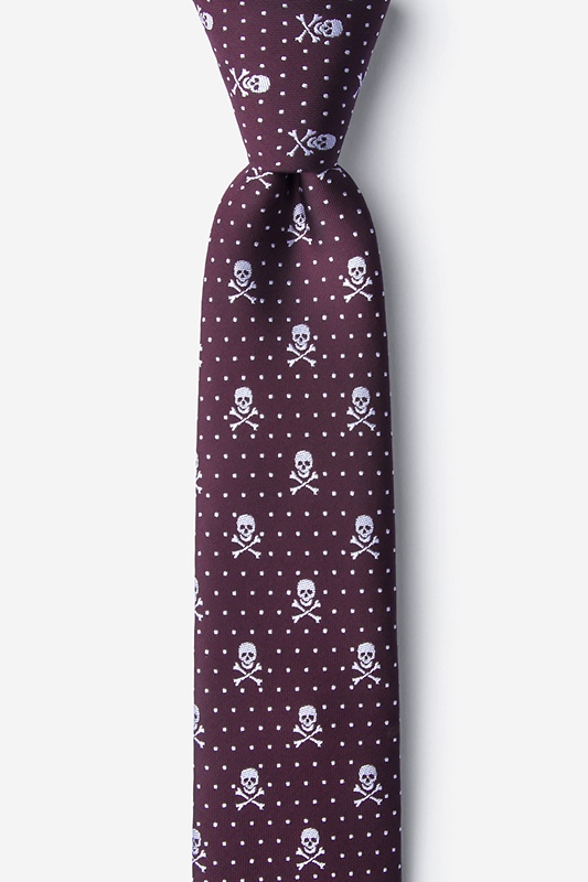 Skull and Polka Dot Burgundy Skinny Tie